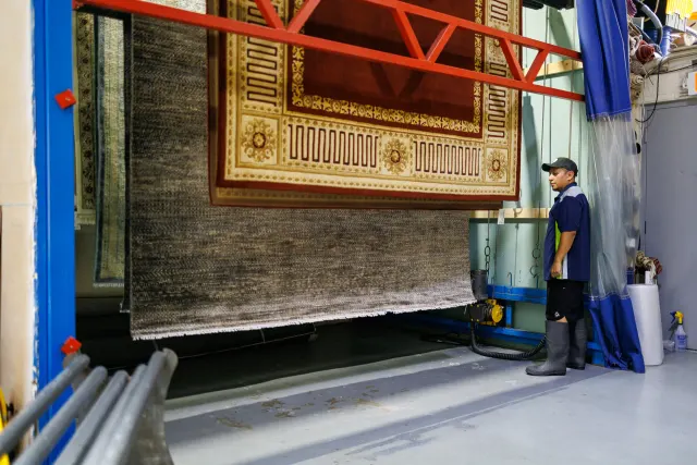 Washed rug hanging until fully dry in the drying room