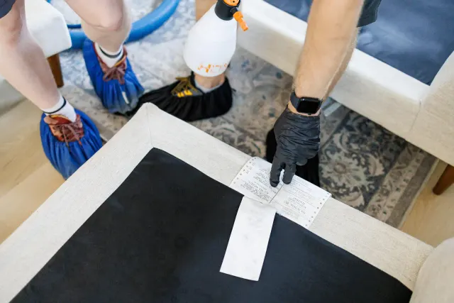 Technician in shoe covers checking a cushion's fabric care tag