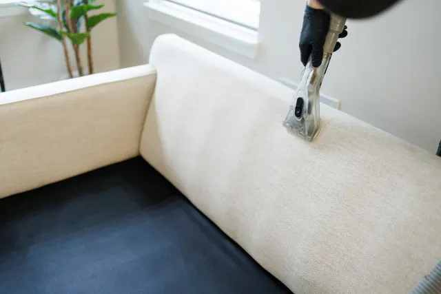 Extraction tool cleaning a light upholstered sofa back in a home