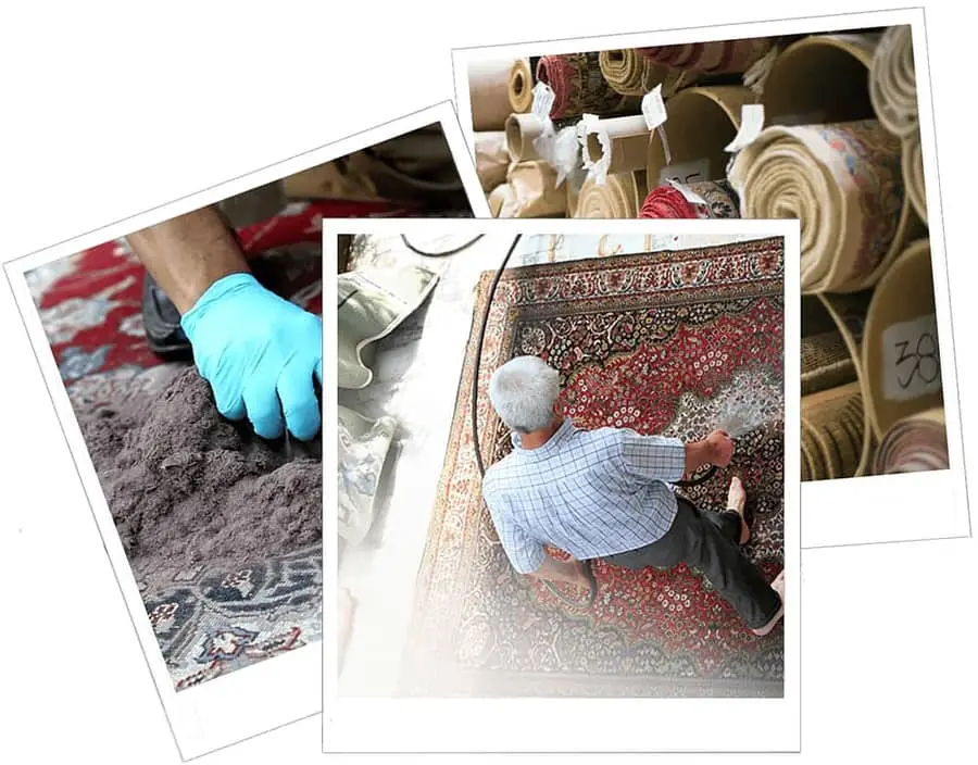 Collage showcasing our rug inspection, hand-washing, drying, and delivery process